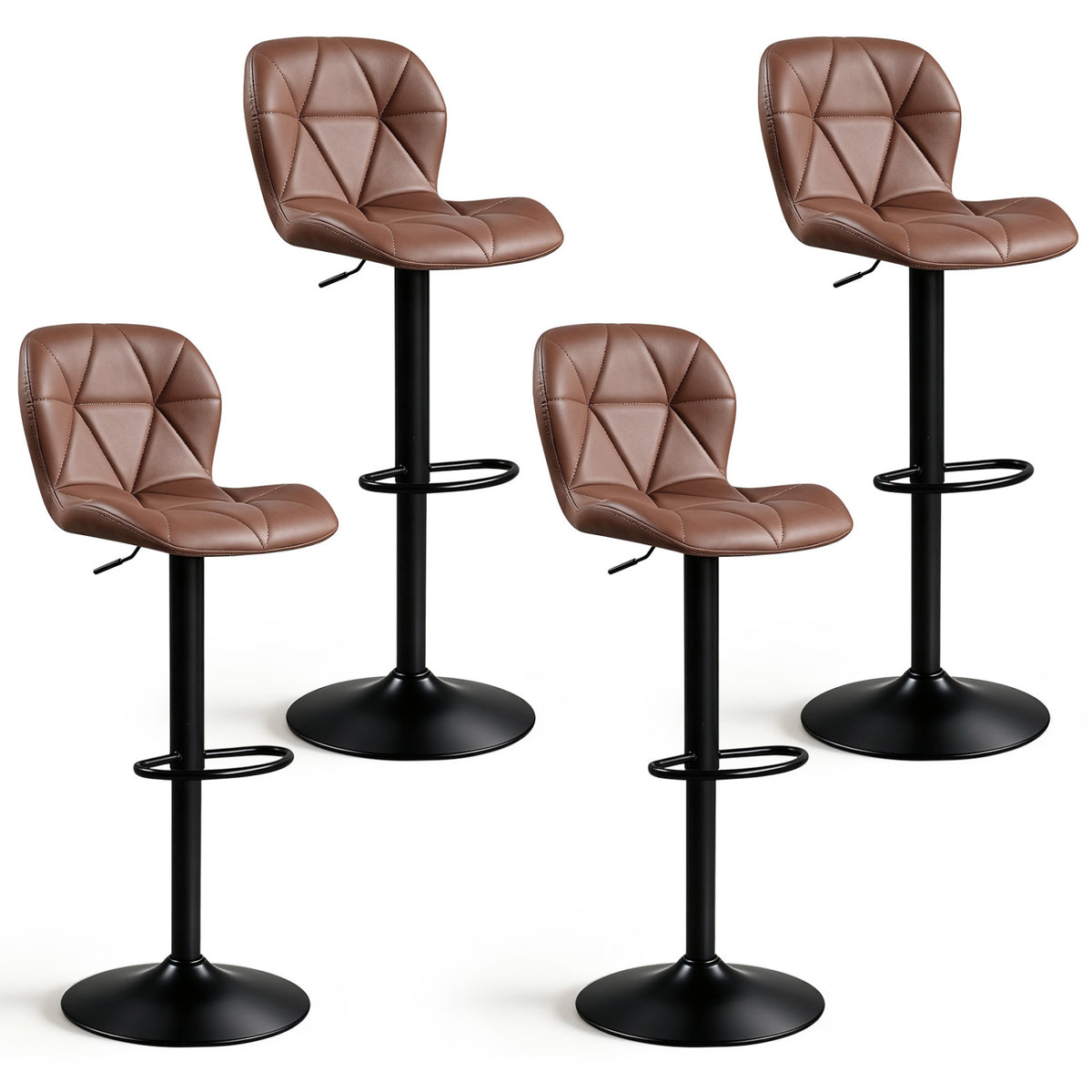 Set of 4 Upholstered Swivel Bar Stools with Adjustable Height and Curved Backs