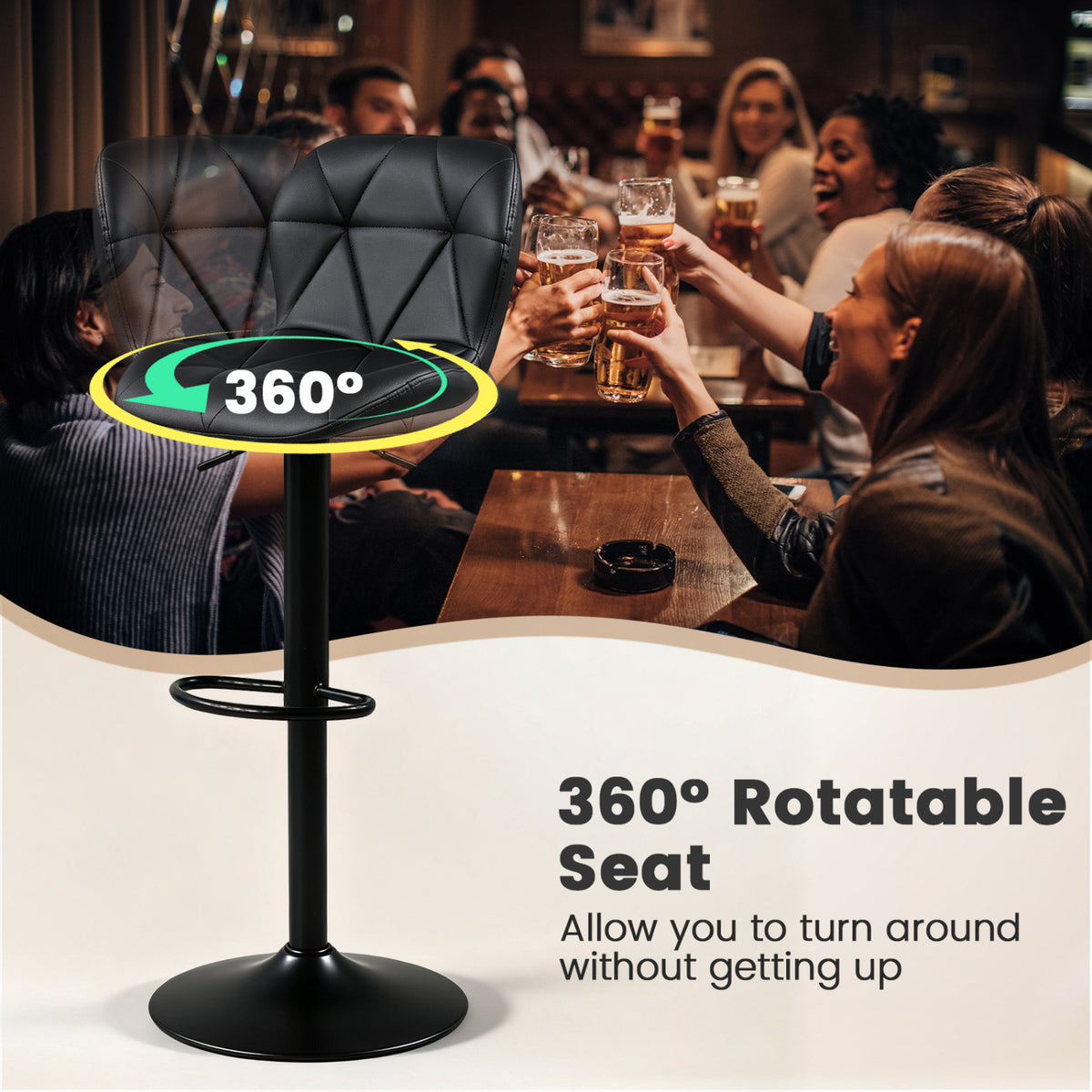 Set of 4 Upholstered Swivel Bar Stools with Adjustable Height and Curved Backs