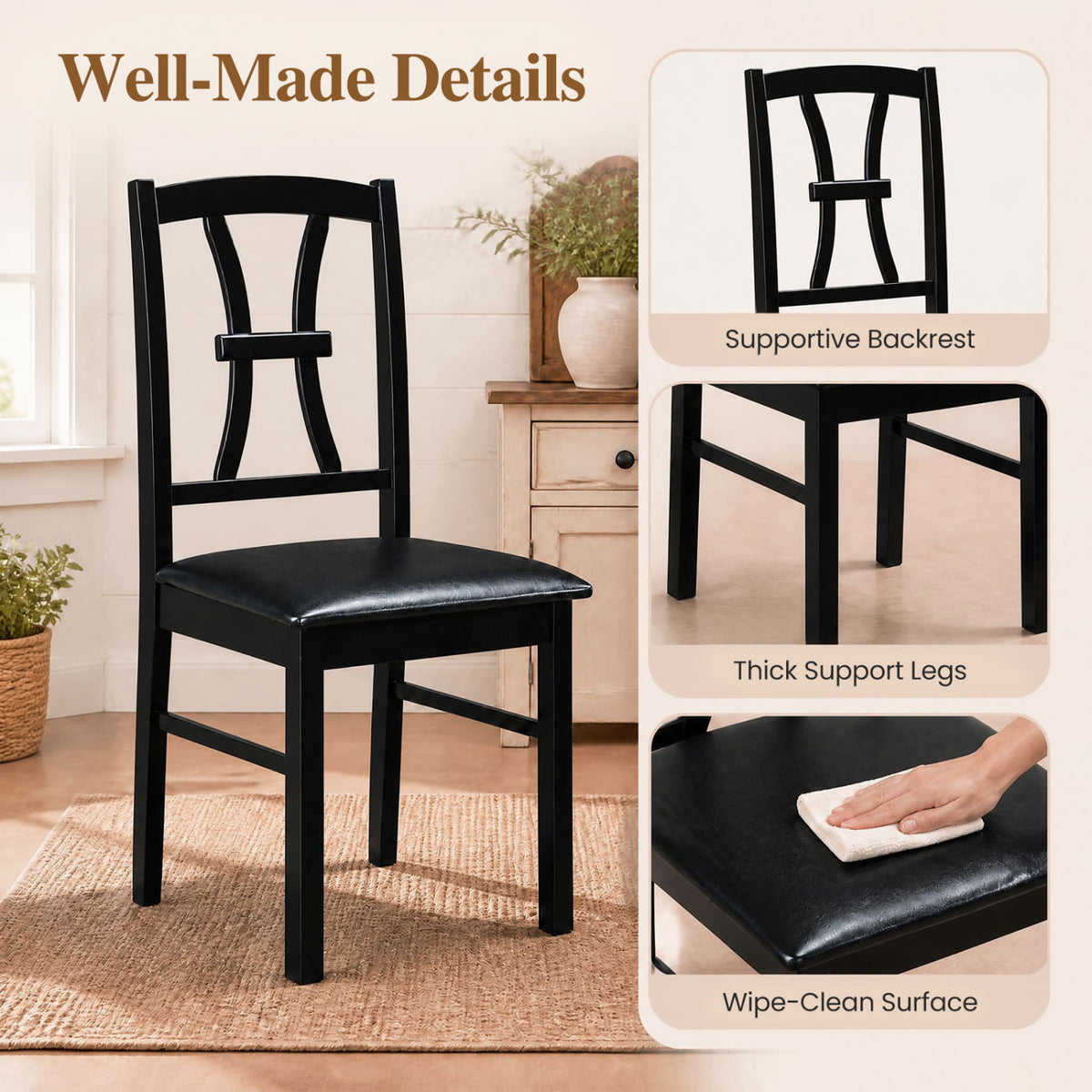 Set of 4 Wooden Dining Chairs with Faux Leather Padded Seat for Kitchen