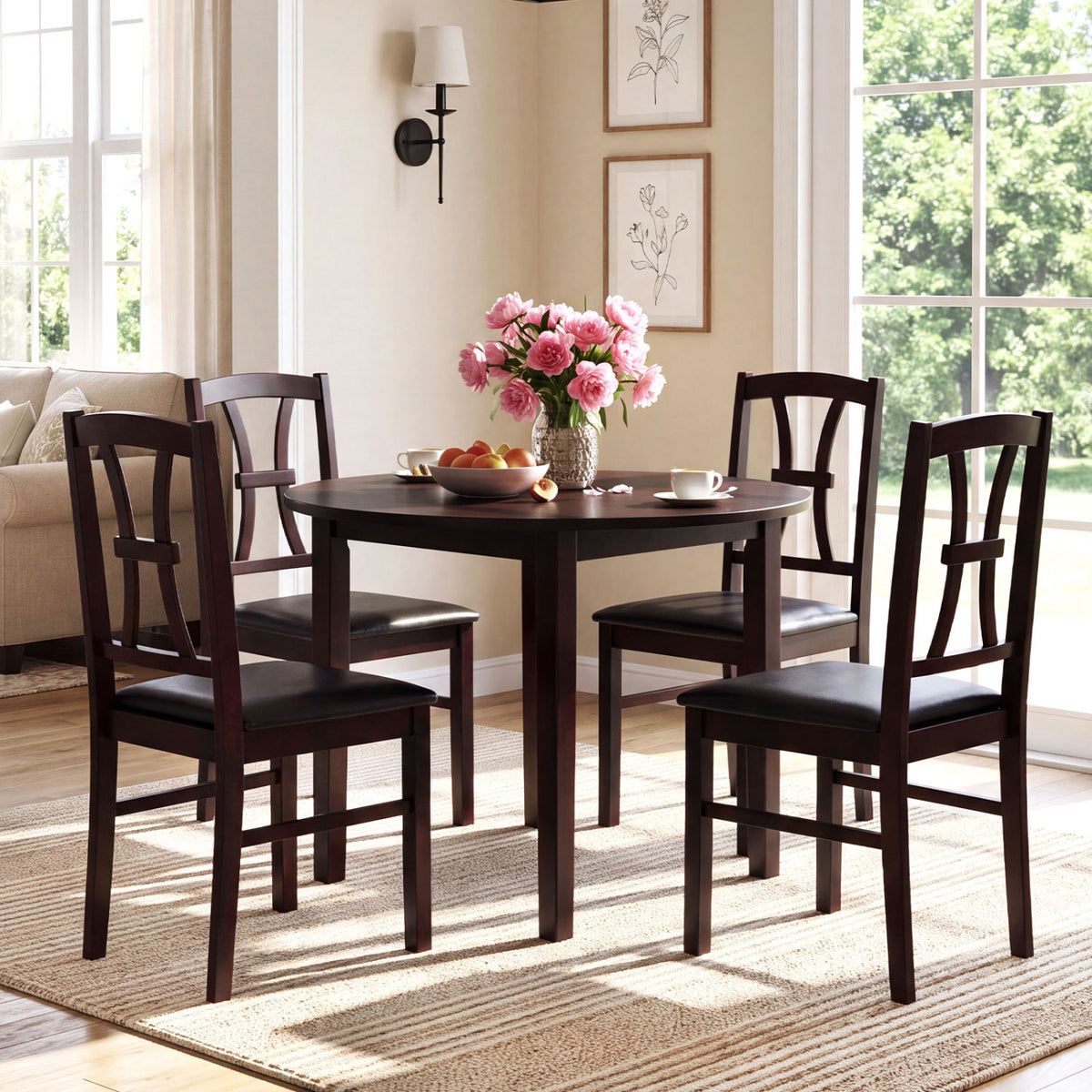 Set of 4 Wooden Dining Chairs with Faux Leather Padded Seat for Kitchen