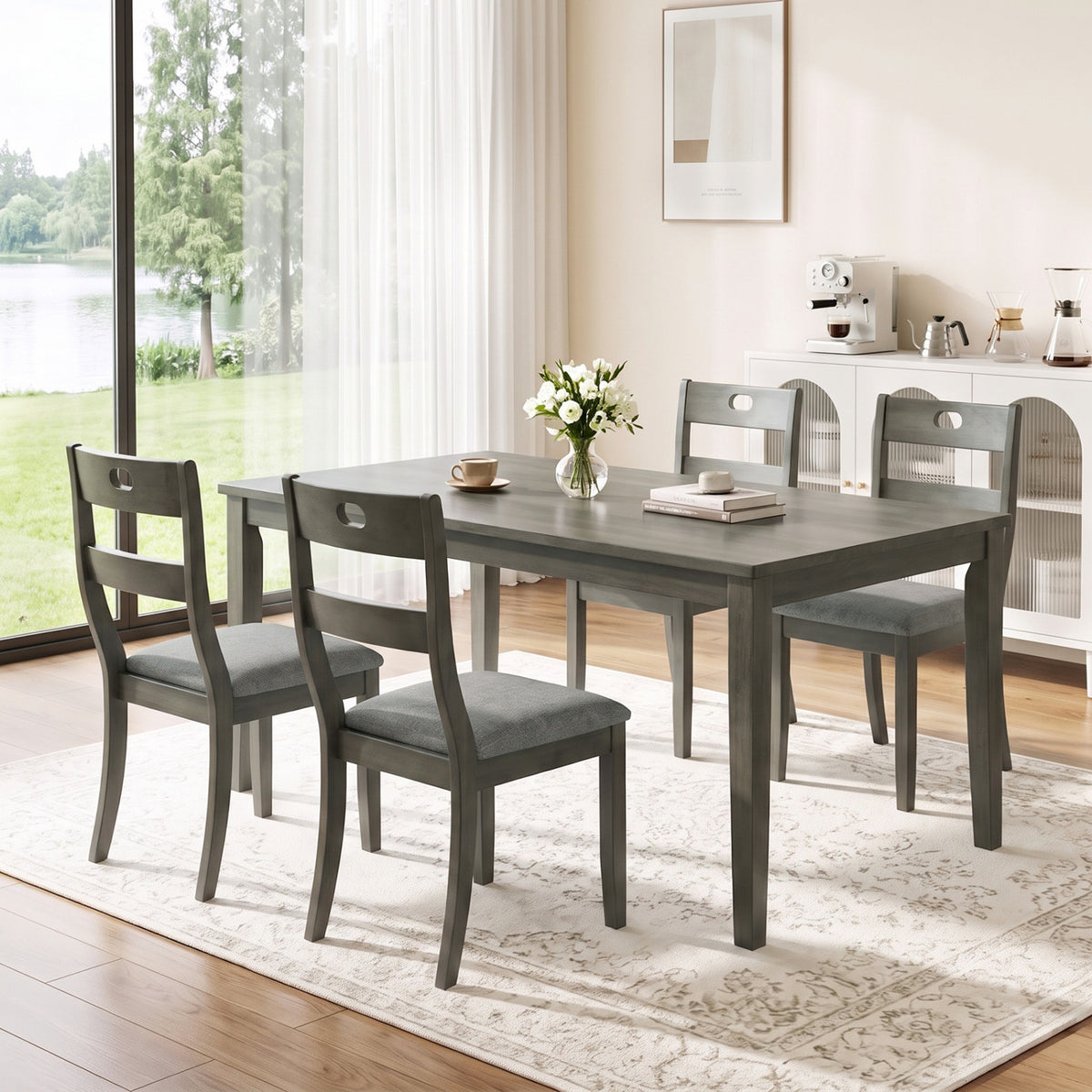Set of 4 Wooden Dining Chairs with Padded Seats and Rubber Wood Frame