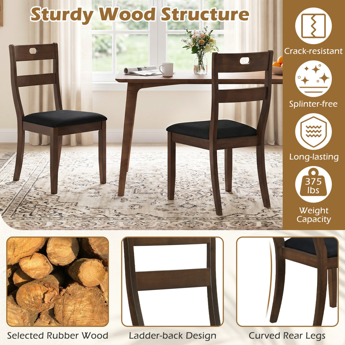 Set of 4 Wooden Dining Chairs with Padded Seats and Rubber Wood Frame