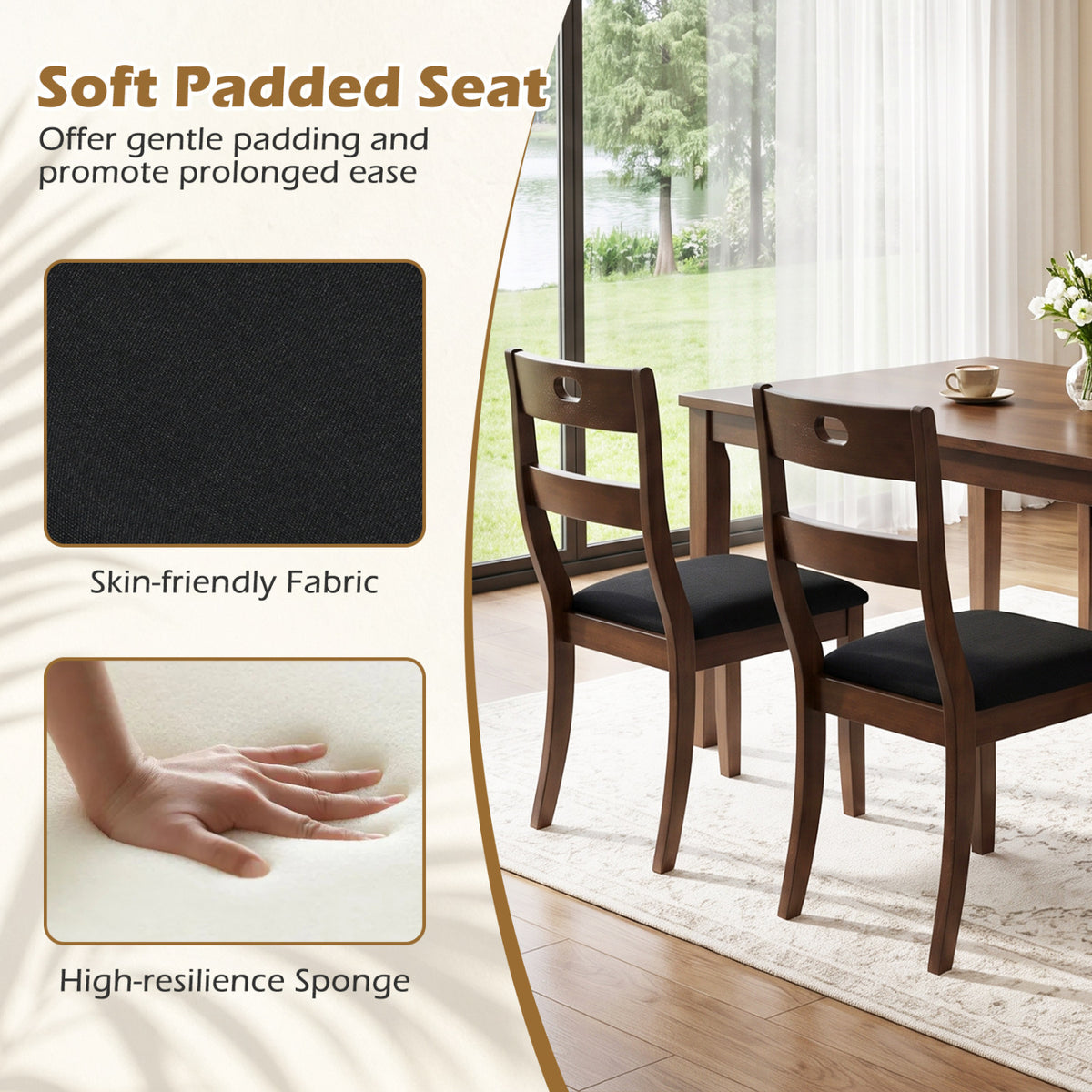 Set of 4 Wooden Dining Chairs with Padded Seats and Rubber Wood Frame