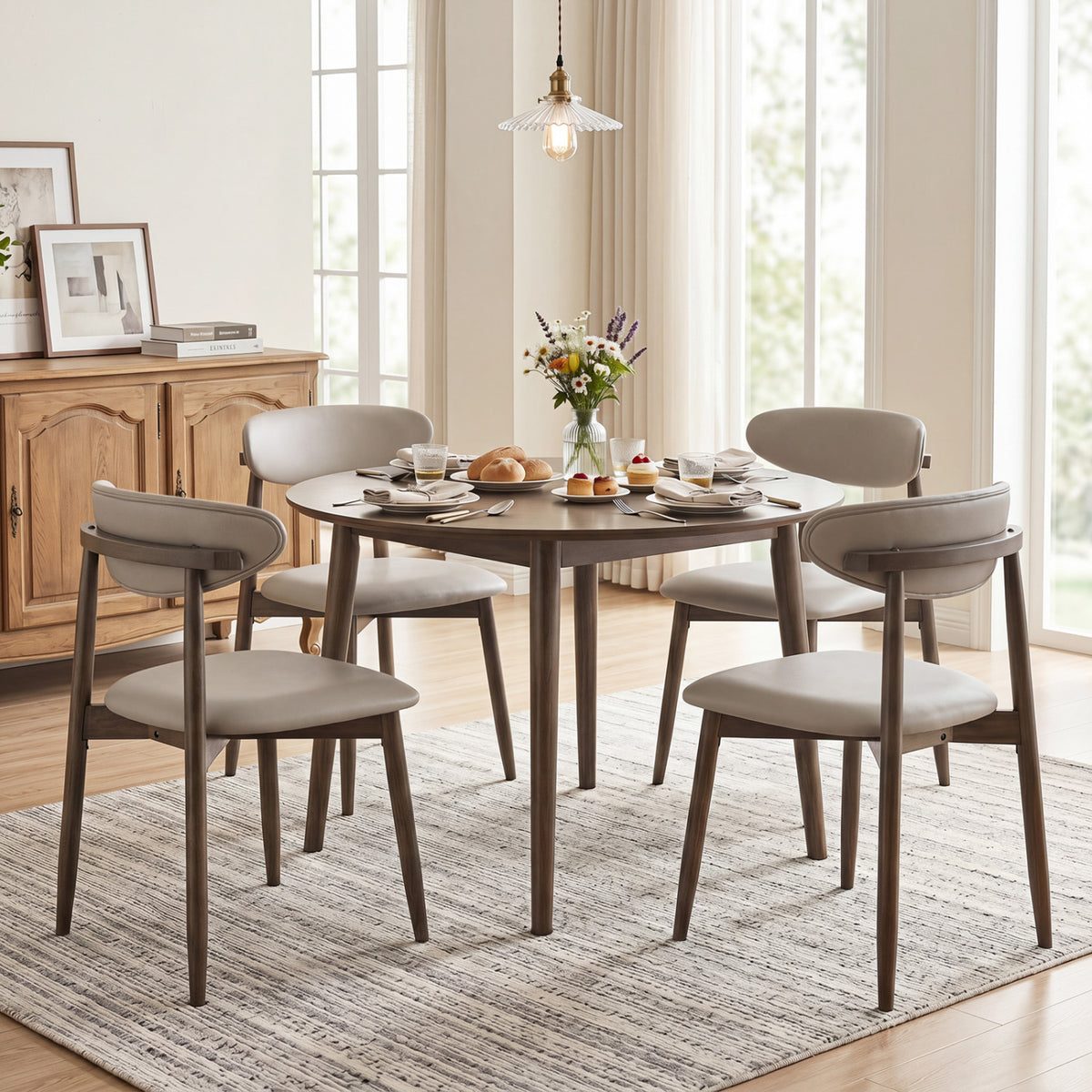 Set of 4 Wooden Modern Upholstered Dining Chairs with Curved Backrest