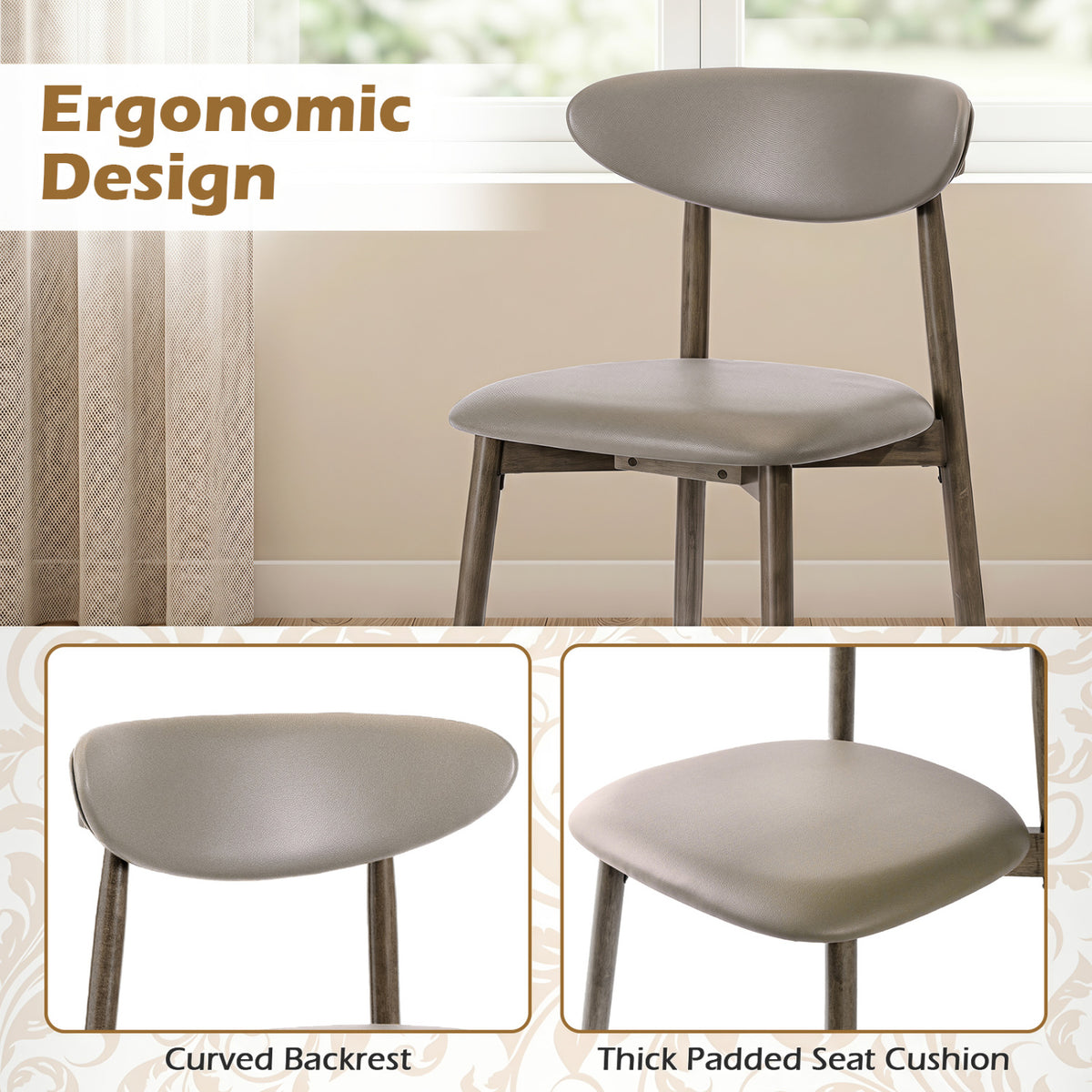 Set of 4 Wooden Modern Upholstered Dining Chairs with Curved Backrest