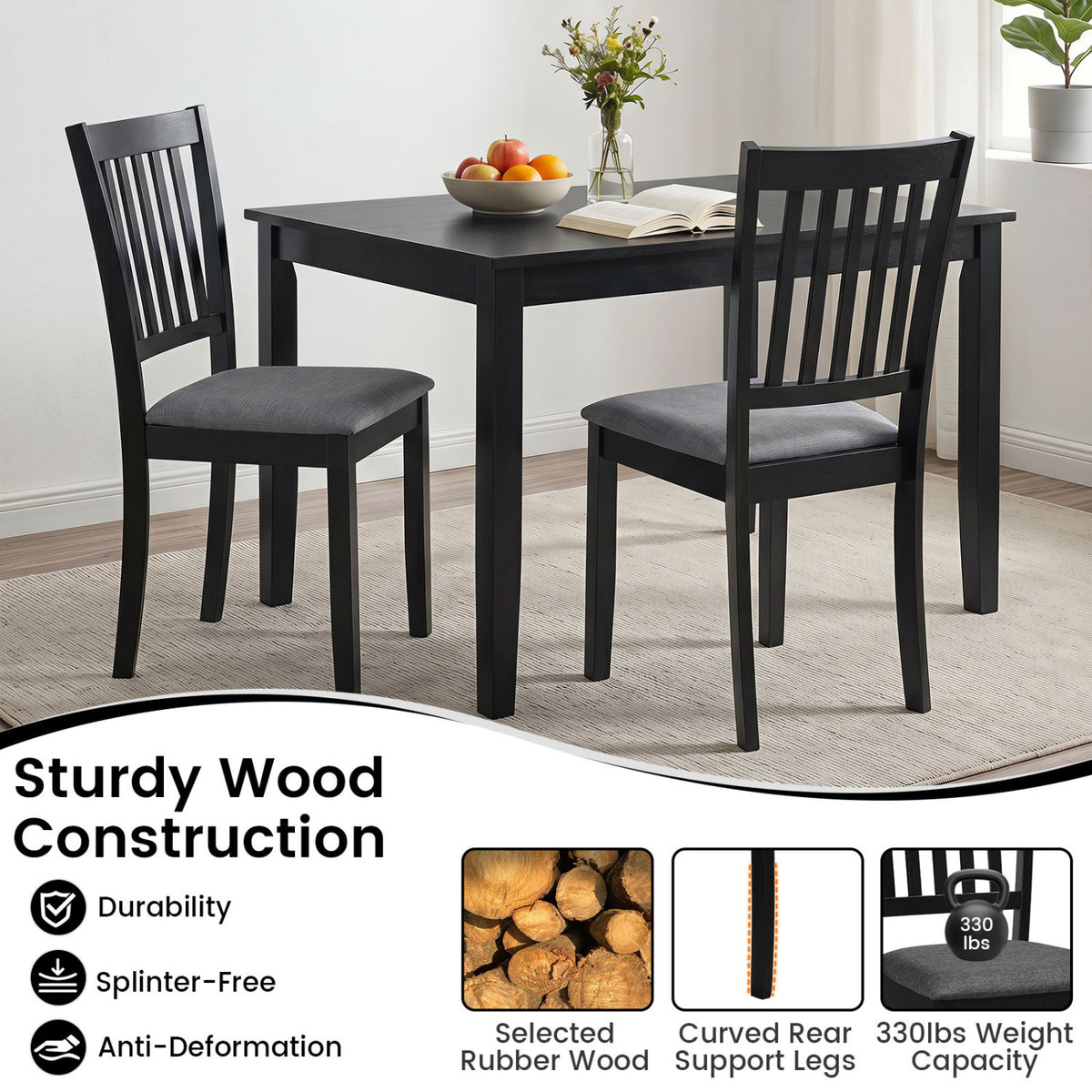 Set of 4 Wooden Upholstered Dining Chairs with Rubber Wood Frame