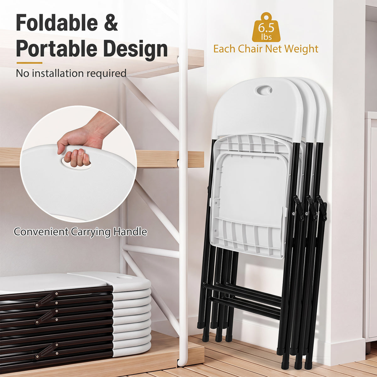 Set of 6 Foldable Plastic Chairs with Ergonomic Backrest