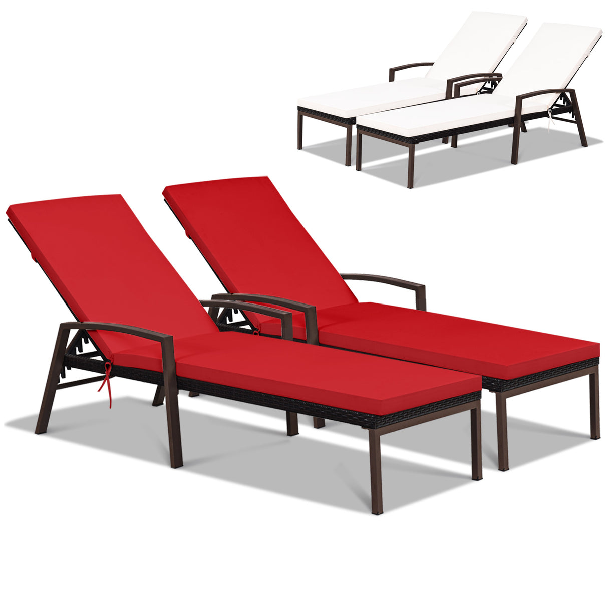2 Pieces Patio Rattan Adjustable Back Lounge Chair with Armrest and Removable Cushions