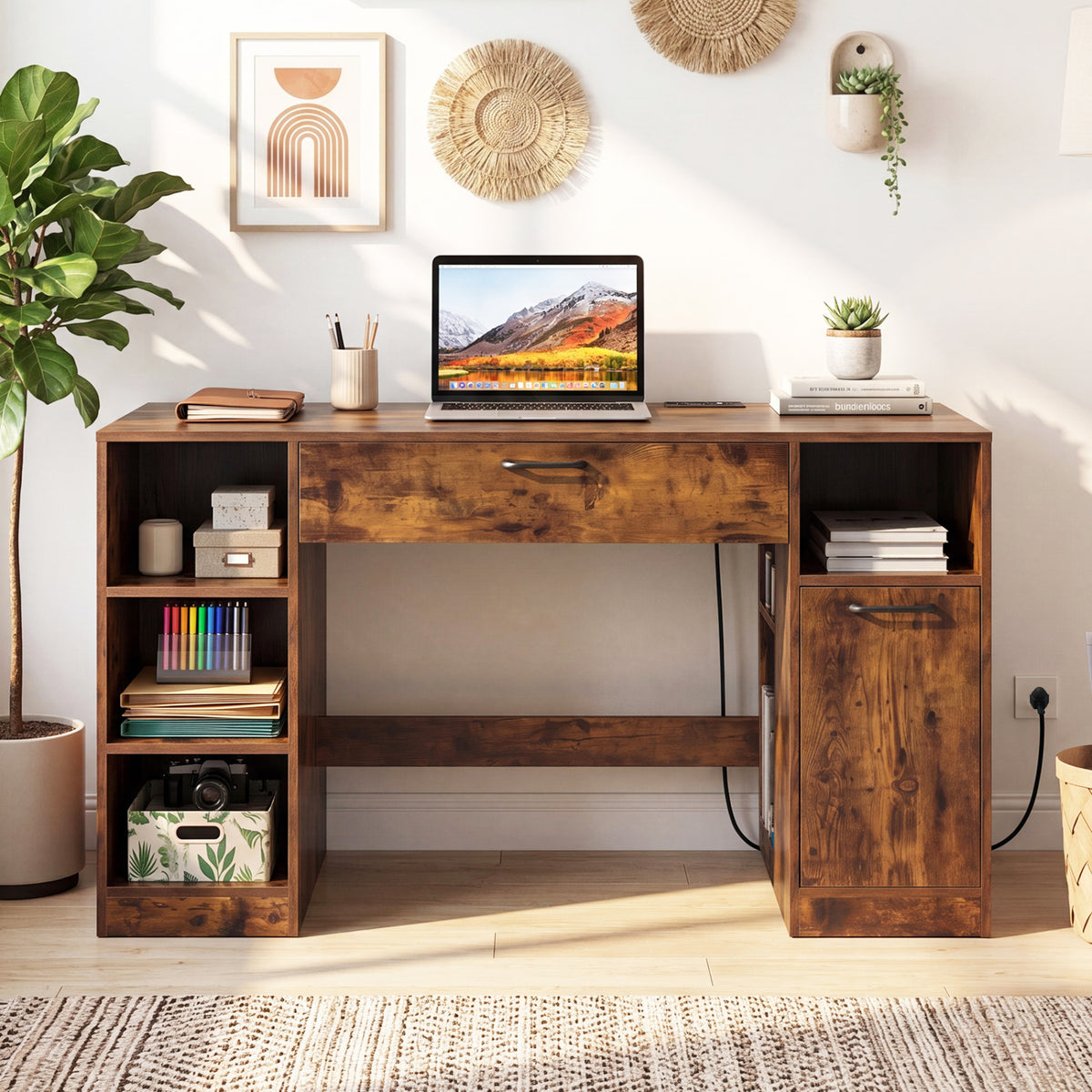 Sewing Table with Power Outlets Craft Station Desk with 2 Drawers Open Compartments