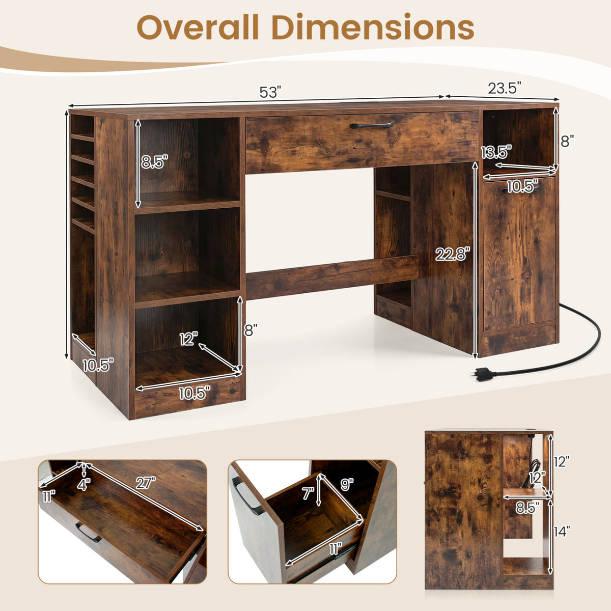 Sewing Table with Power Outlets Craft Station Desk with 2 Drawers Open Compartments