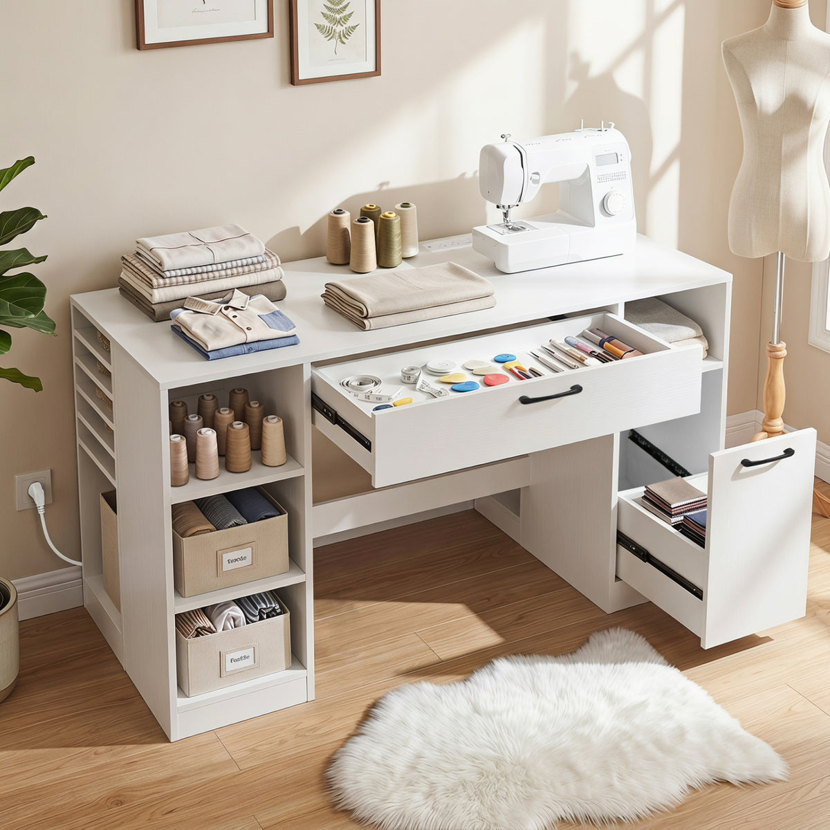 Sewing Table with Power Outlets Craft Station Desk with 2 Drawers Open Compartments
