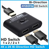 4K 60Hz HDMI Bi-Directional Switch 2x1 Splitter 2 Ports Input 1 Output For PC Laptop Monitor TV Projector Audio Video Converter
