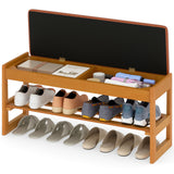 Shoe Rack Bench with Storage 2-Tier Rubberwood Entryway Bench with Flip-Open Storage