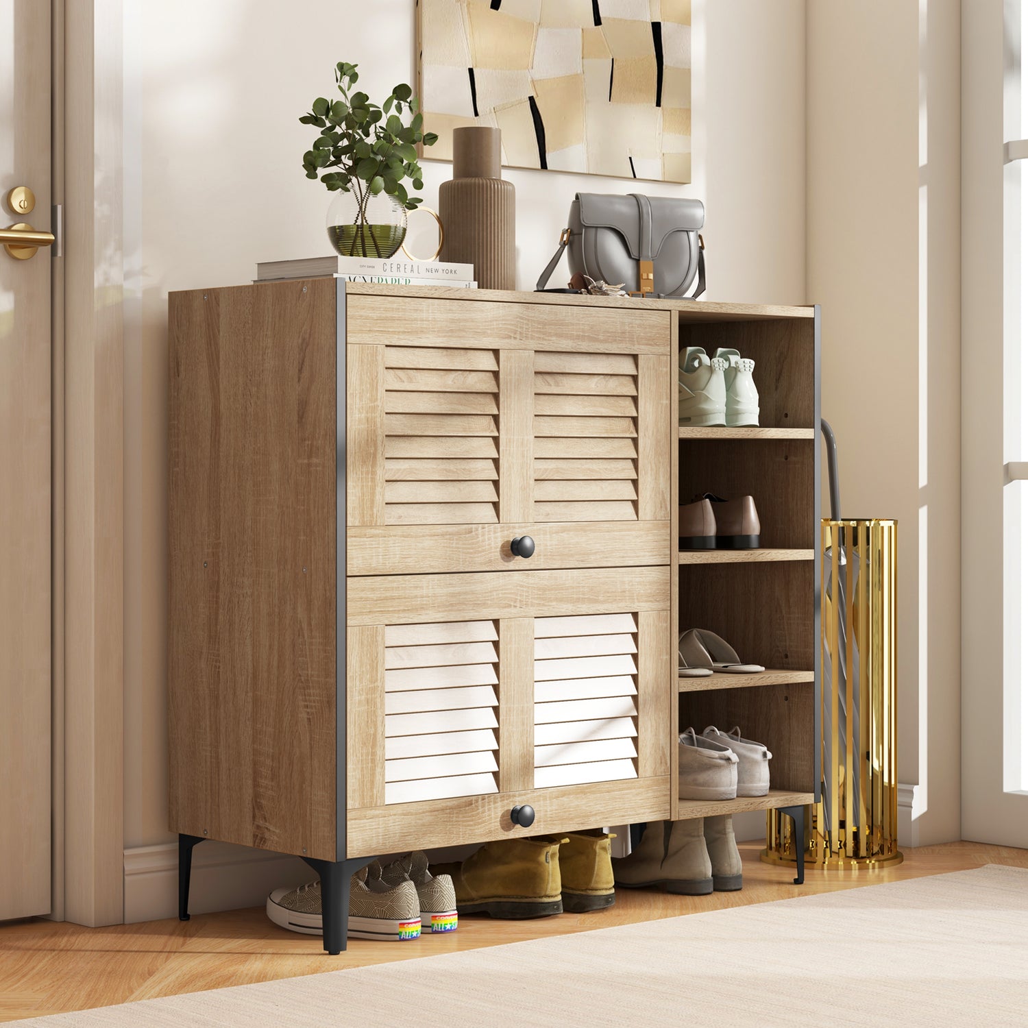 Shoe Rack Organizer with Flip-up See-through Doors and Adjustable Shelves-Oak