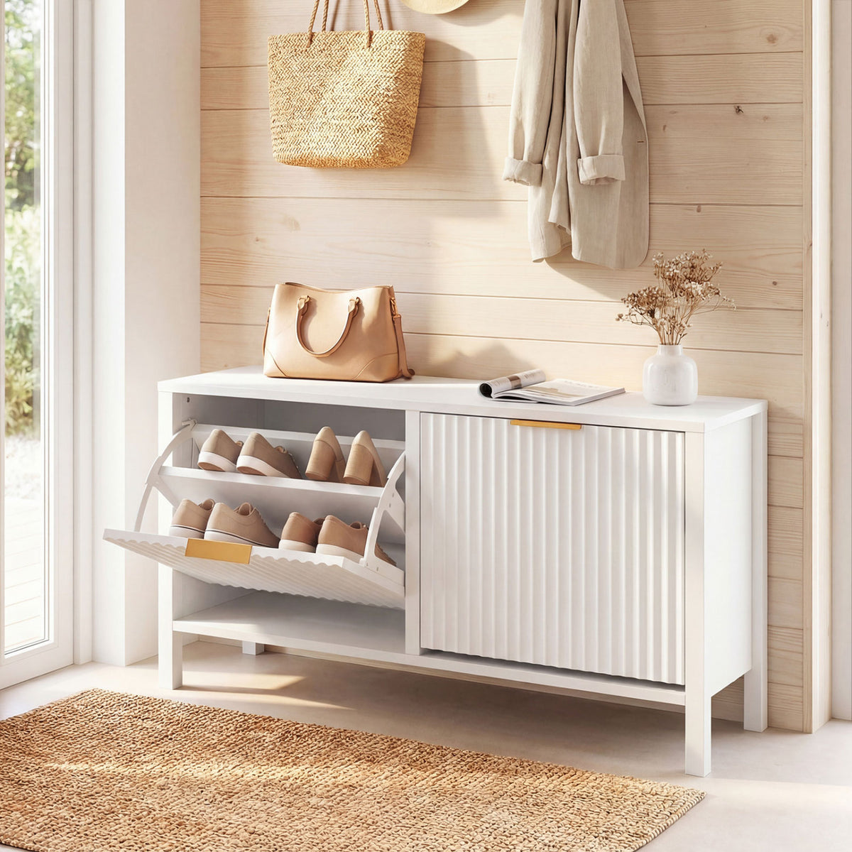 Shoe Storage Bench Narrow Wooden Entryway Bench with 2 Flip Drawers