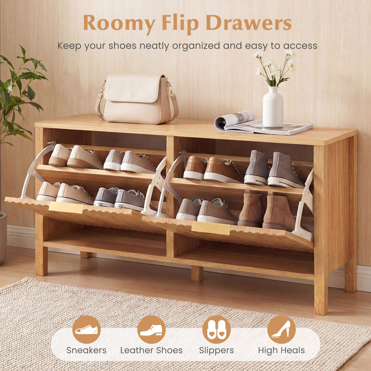 Shoe Storage Bench Narrow Wooden Entryway Bench with 2 Flip Drawers