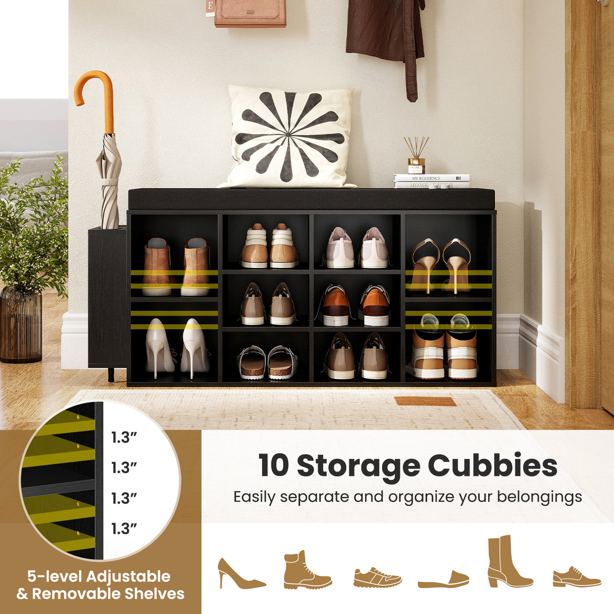 Shoe Storage Bench with Umbrella Stand 10-Cubby Entryway Shoe Rack Organizer