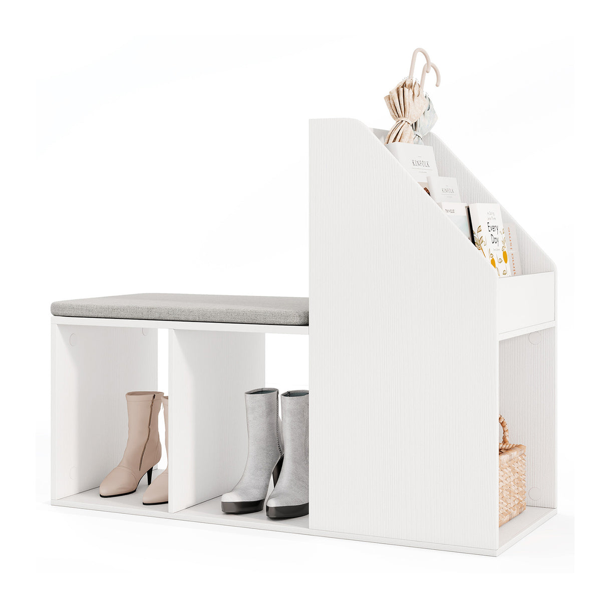 Shoe Storage Bench with Removable Seat Cushion and 6 Storage Compartments-White