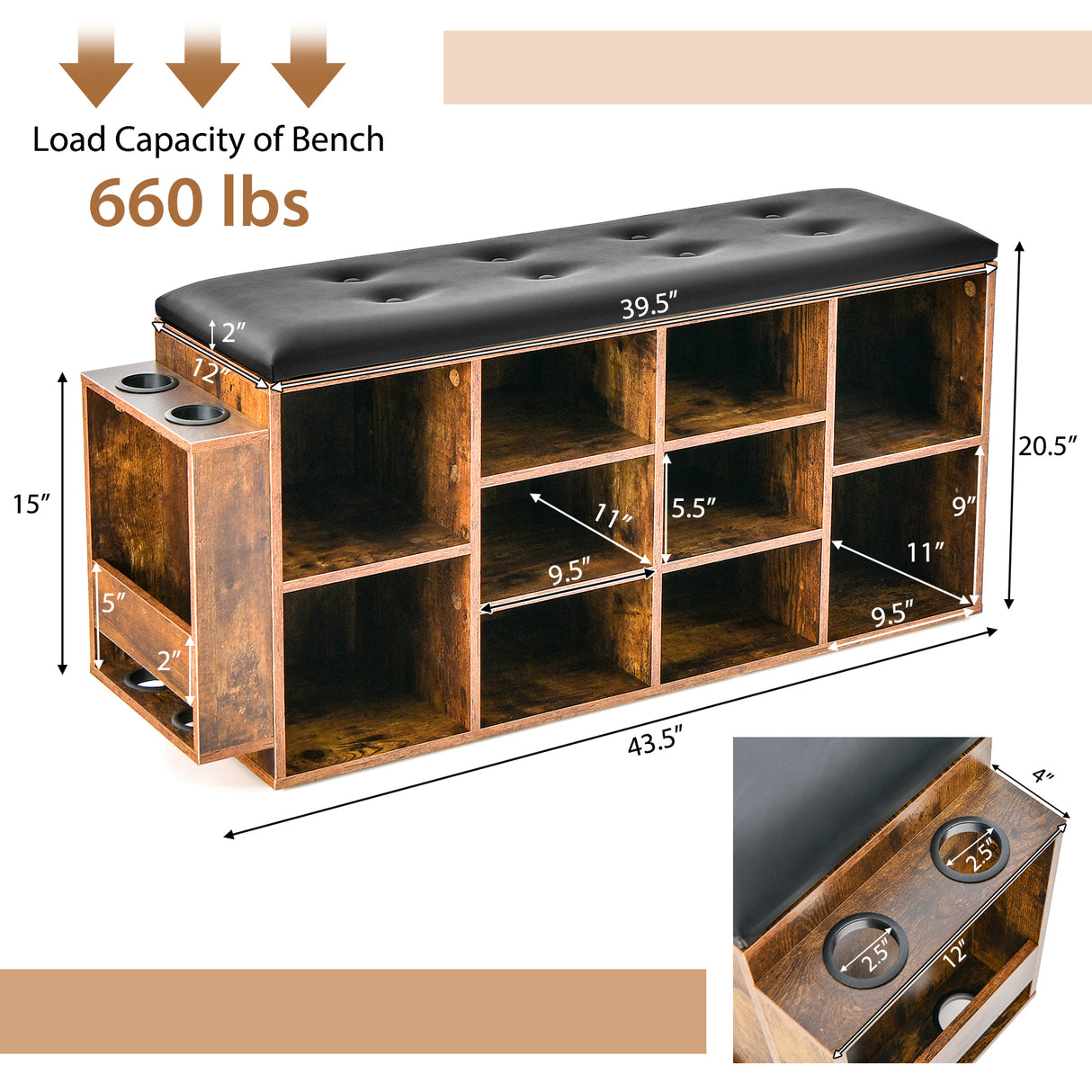 Shoe Storage Bench with Umbrella Stand and Adjustable Shelf