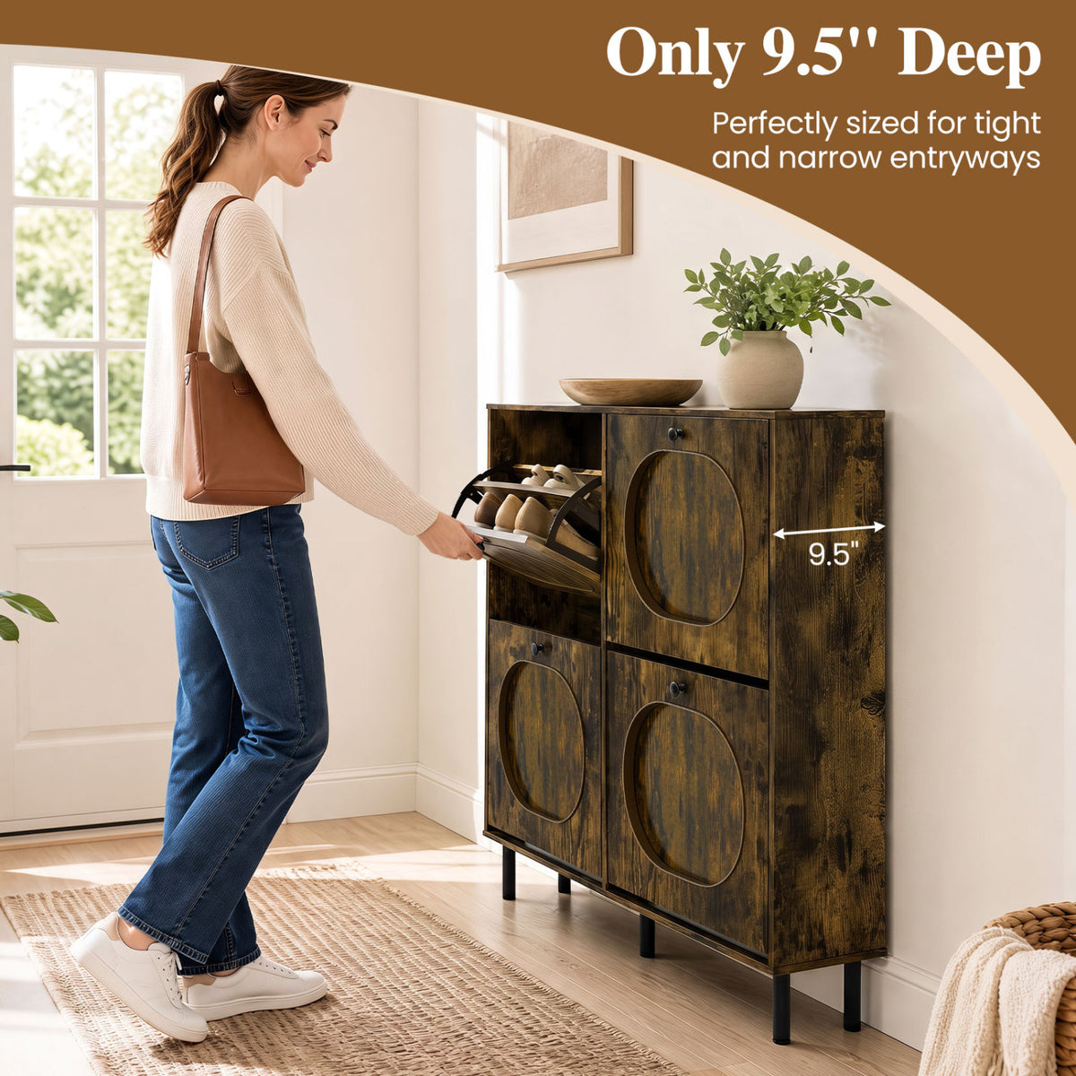 Shoe Storage Cabinet with 4 Flip Drawers and Aluminum Legs for Foyer and Hallway