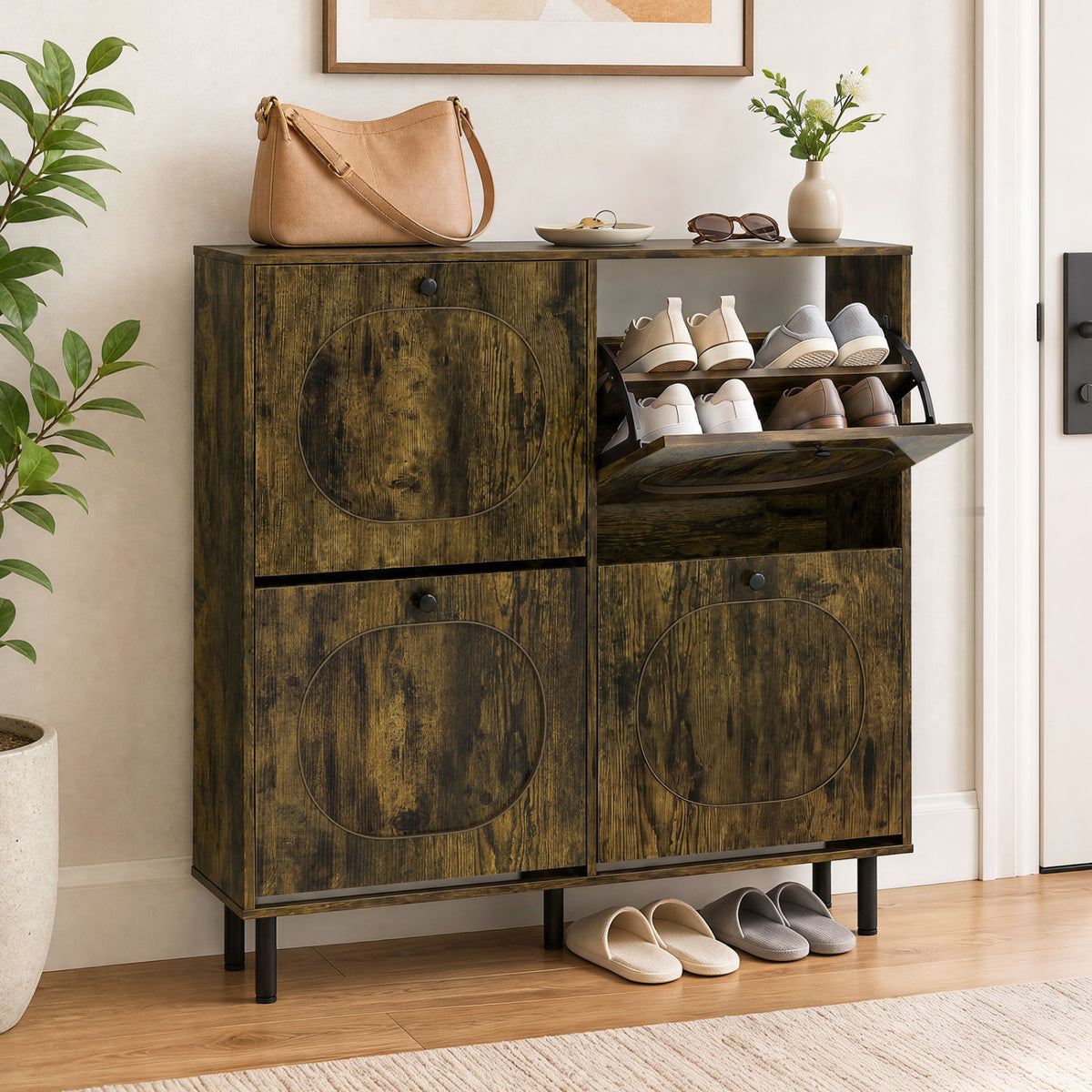 Shoe Storage Cabinet with 4 Flip Drawers and Aluminum Legs for Foyer and Hallway