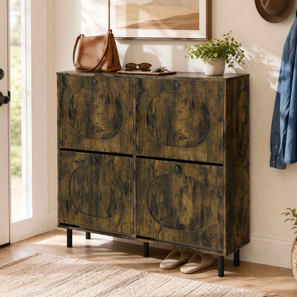 Shoe Storage Cabinet with 4 Flip Drawers and Aluminum Legs for Foyer and Hallway