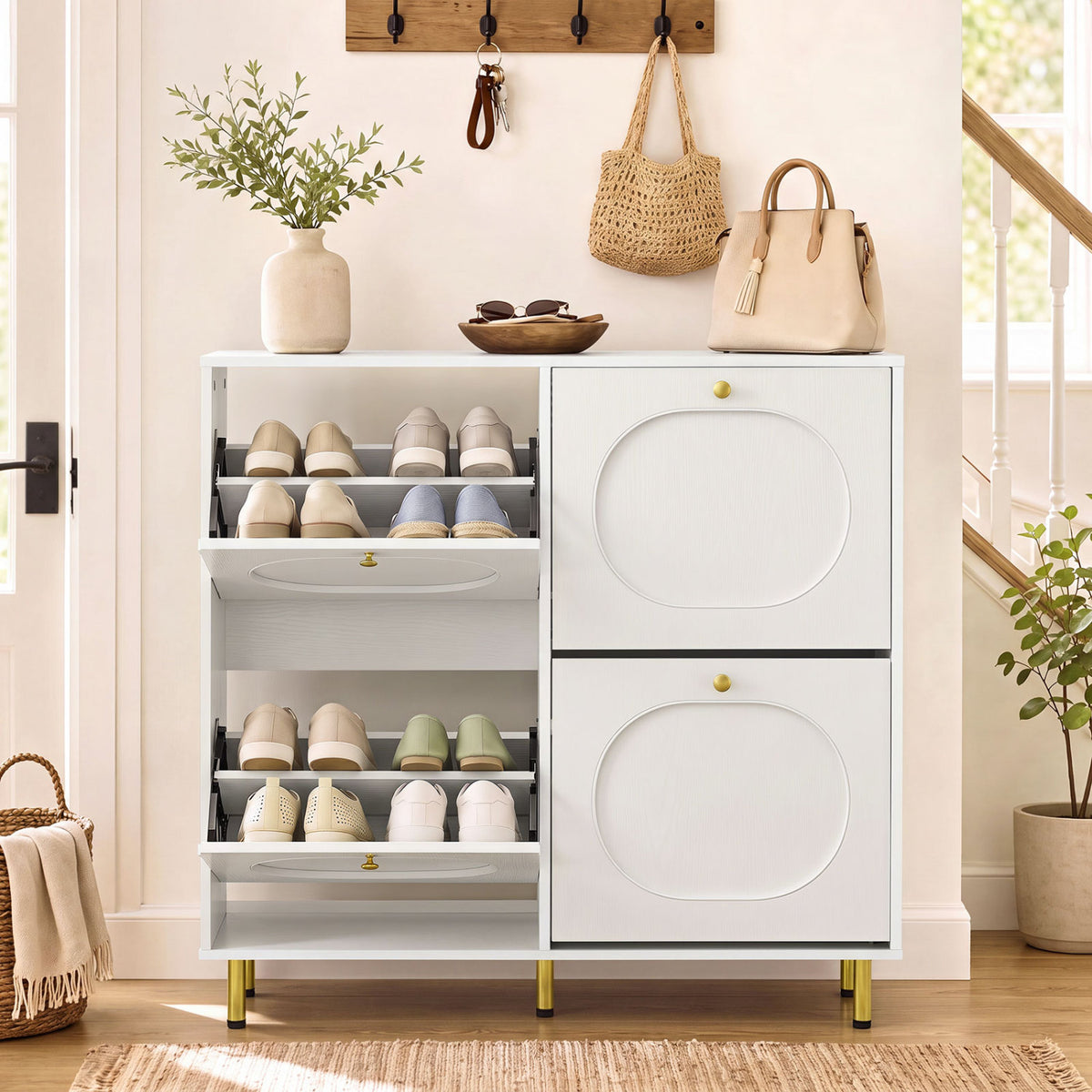 Shoe Storage Cabinet with 4 Flip Drawers and Aluminum Legs for Foyer and Hallway