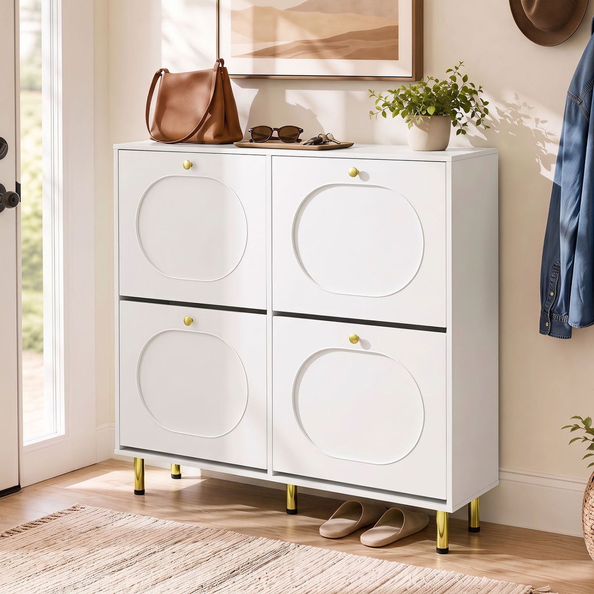 Shoe Storage Cabinet with 4 Flip Drawers and Aluminum Legs for Foyer and Hallway