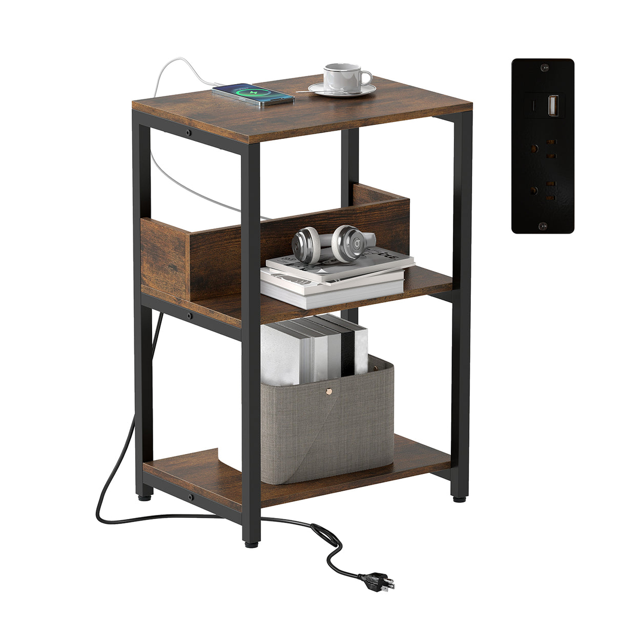 Side End Table with Charging Station and Open Shelves-Rustic Brown