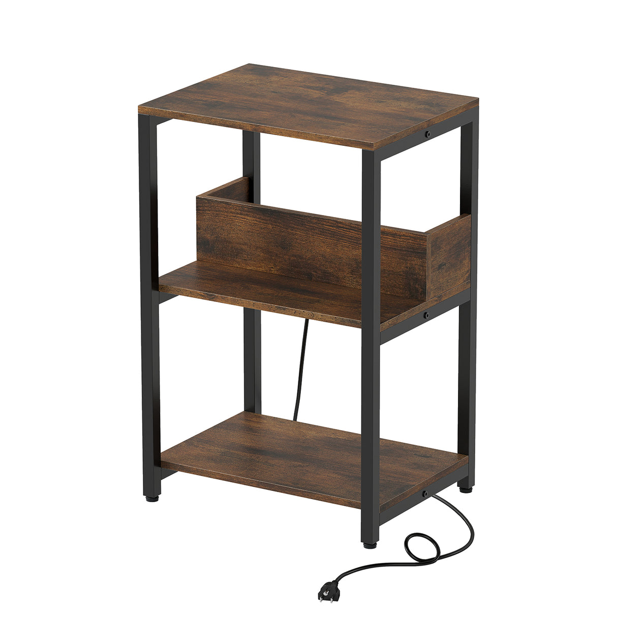 Side End Table with Charging Station and Open Shelves-Rustic Brown
