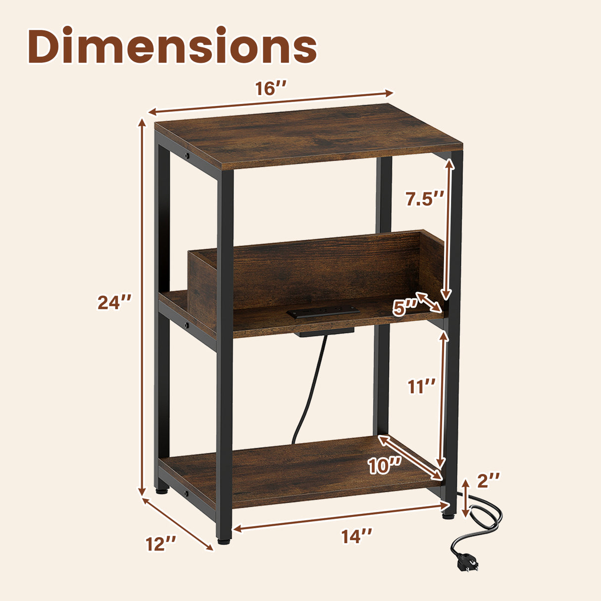 Side End Table with Charging Station and Open Shelves-Rustic Brown