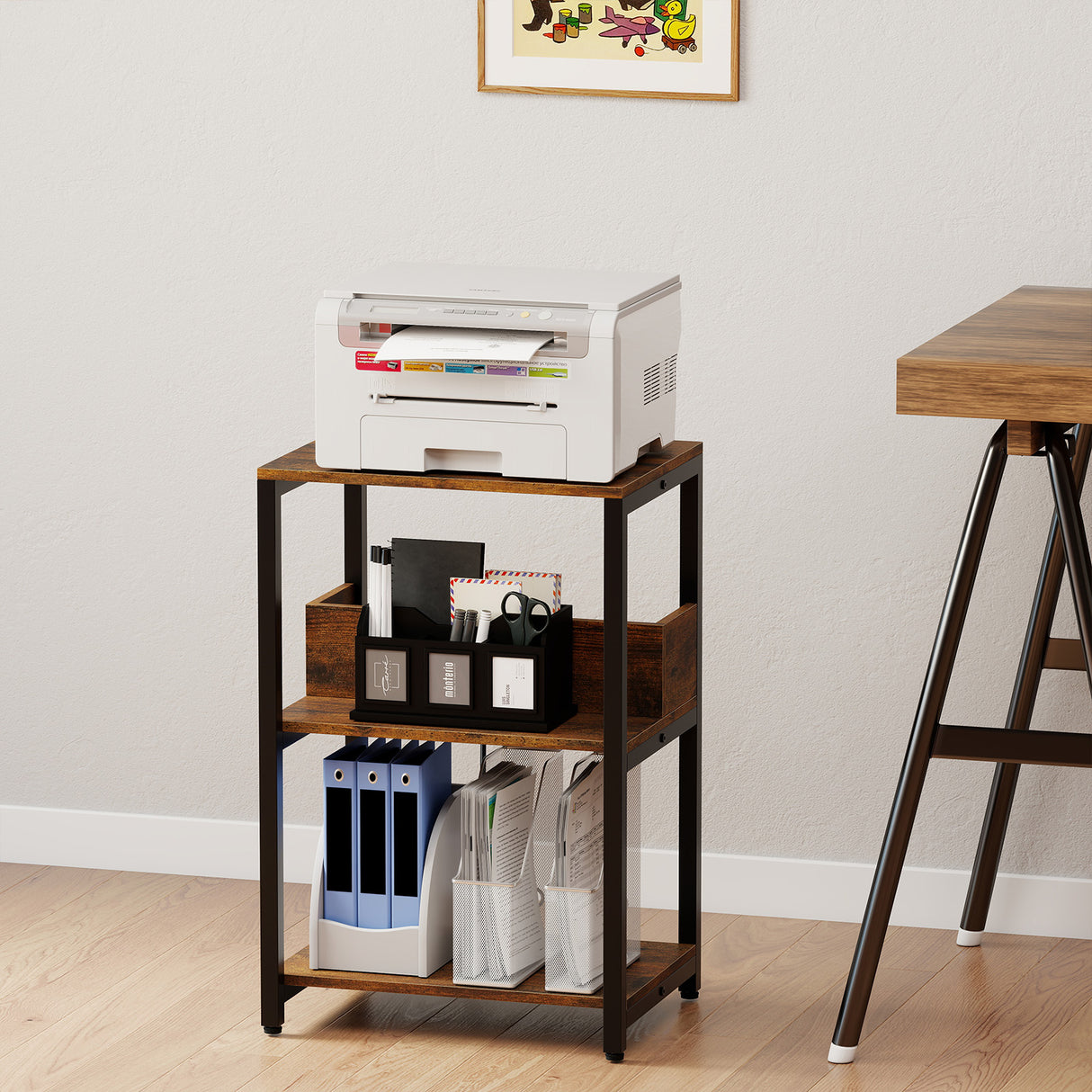 Side End Table with Charging Station and Open Shelves-Rustic Brown