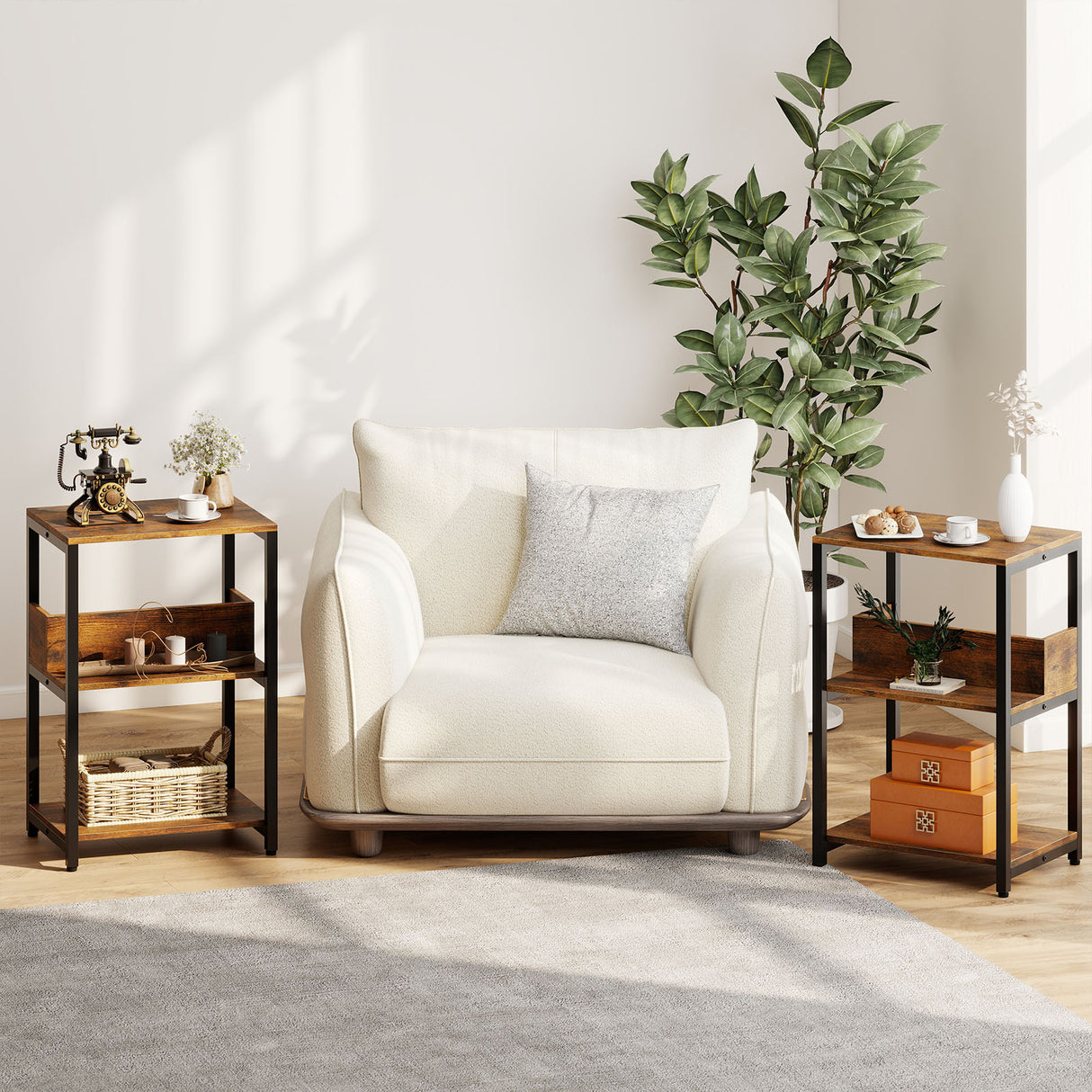 Side End Table with Charging Station and Open Shelves-Rustic Brown