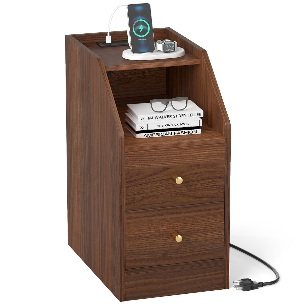 Side End Table with Charging Station Sofa Couch Table with Shelf Drawers