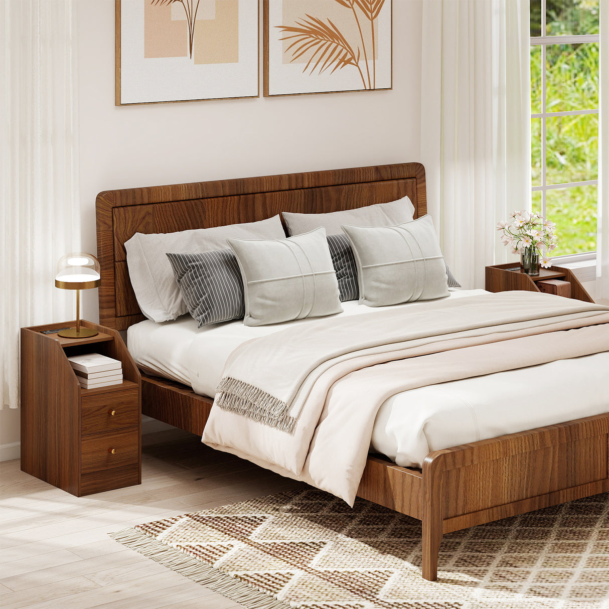 Side End Table with Charging Station Sofa Couch Table with Shelf Drawers