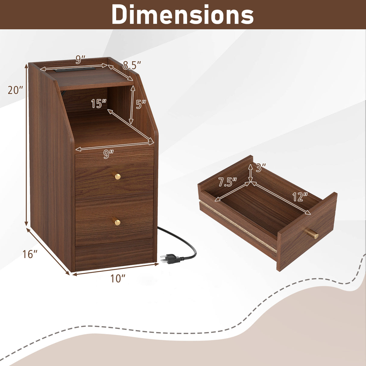 Side End Table with Charging Station Sofa Couch Table with Shelf Drawers