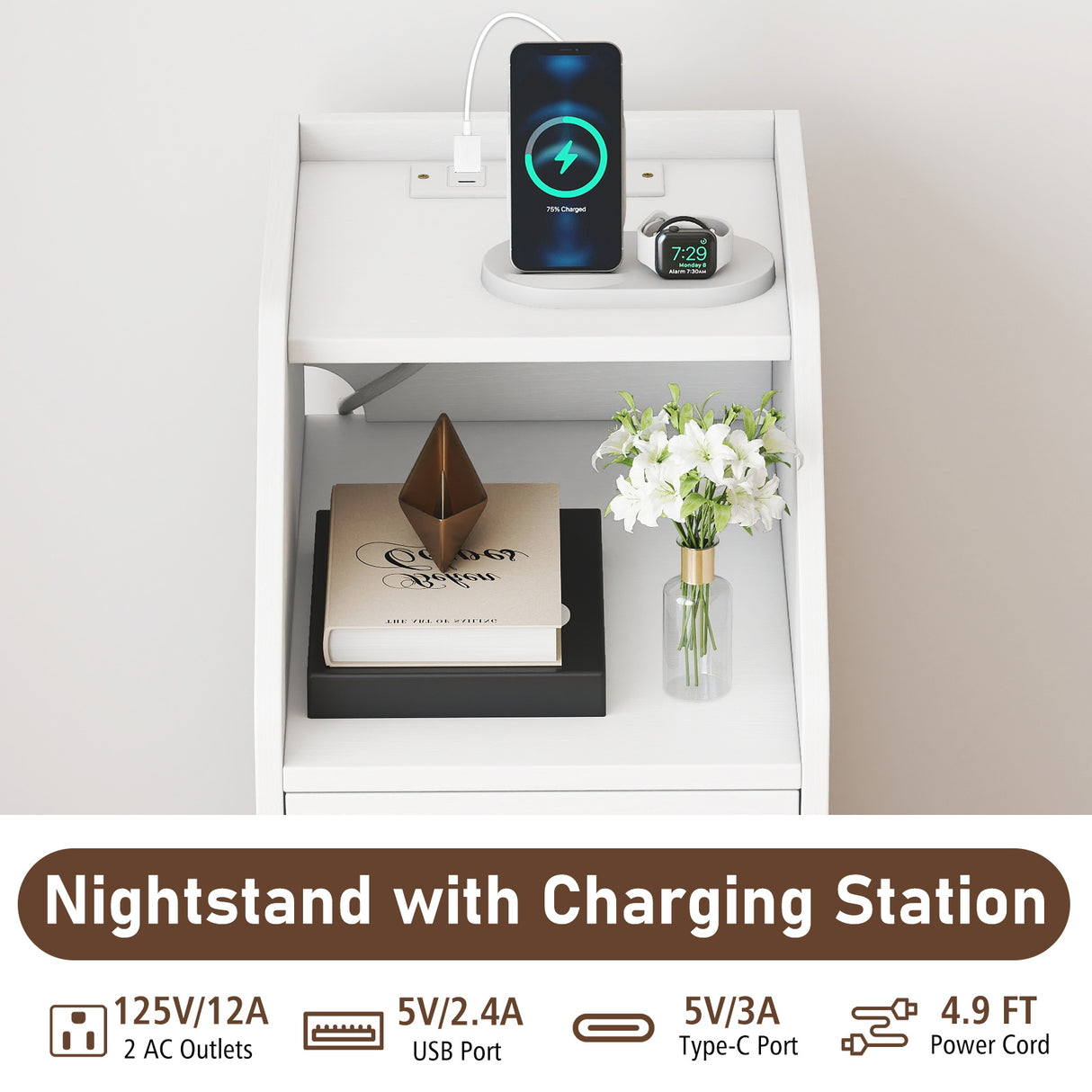 Side End Table with Charging Station Sofa Couch Table with Shelf Drawers