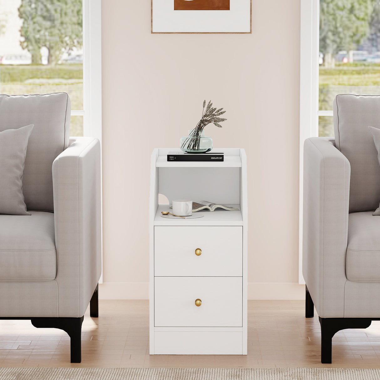 Side End Table with Charging Station Sofa Couch Table with Shelf Drawers