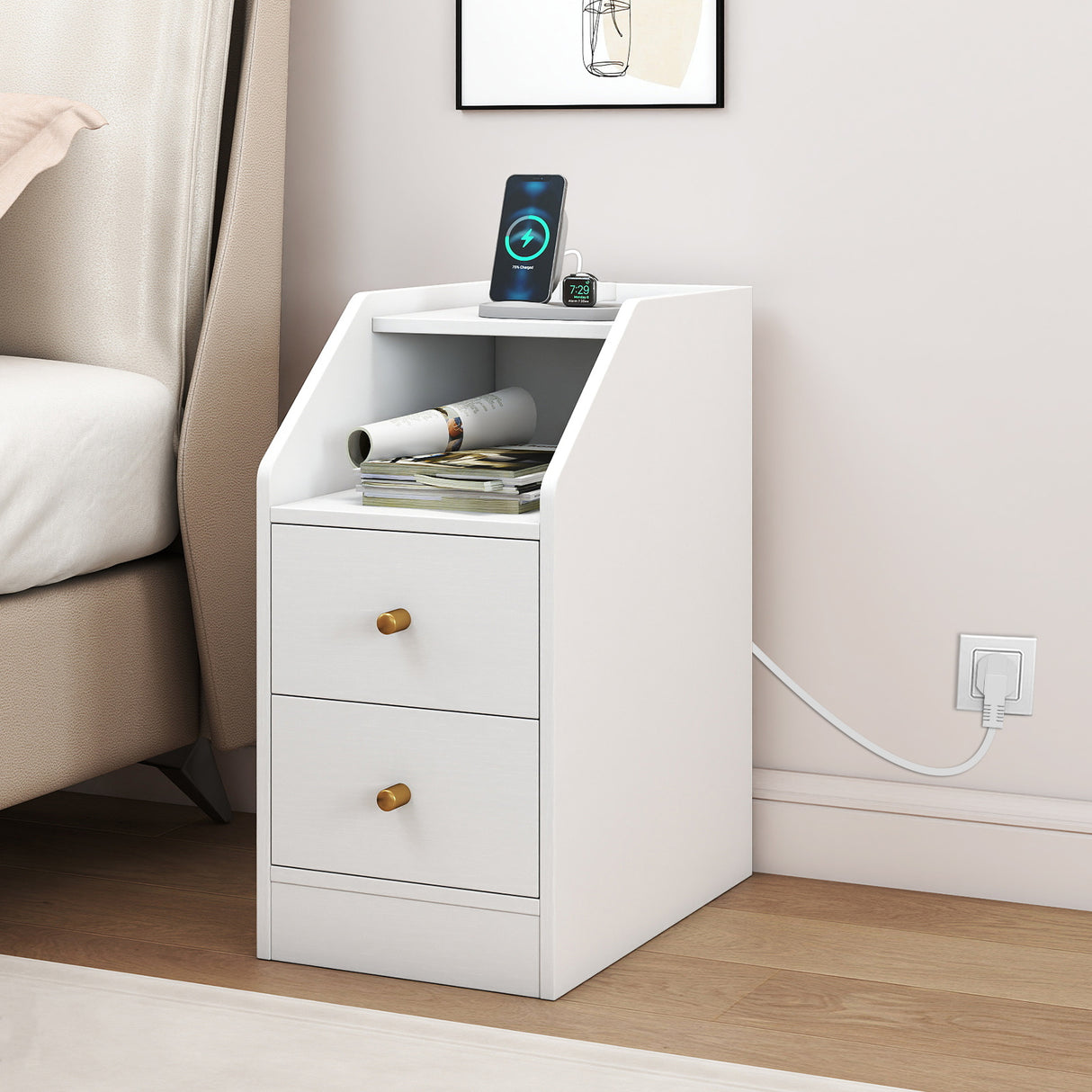 Side End Table with Charging Station Sofa Couch Table with Shelf Drawers