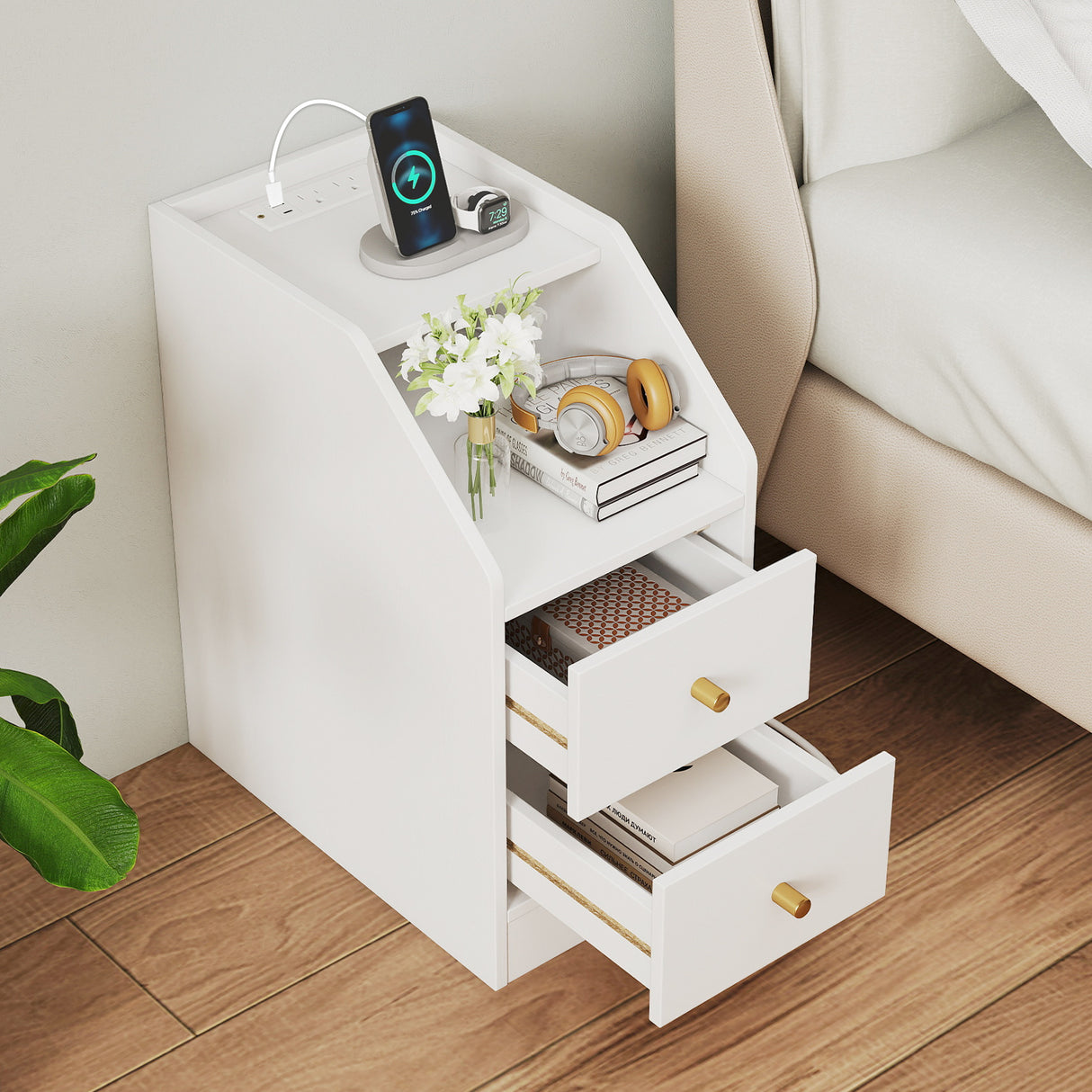 Side End Table with Charging Station Sofa Couch Table with Shelf Drawers