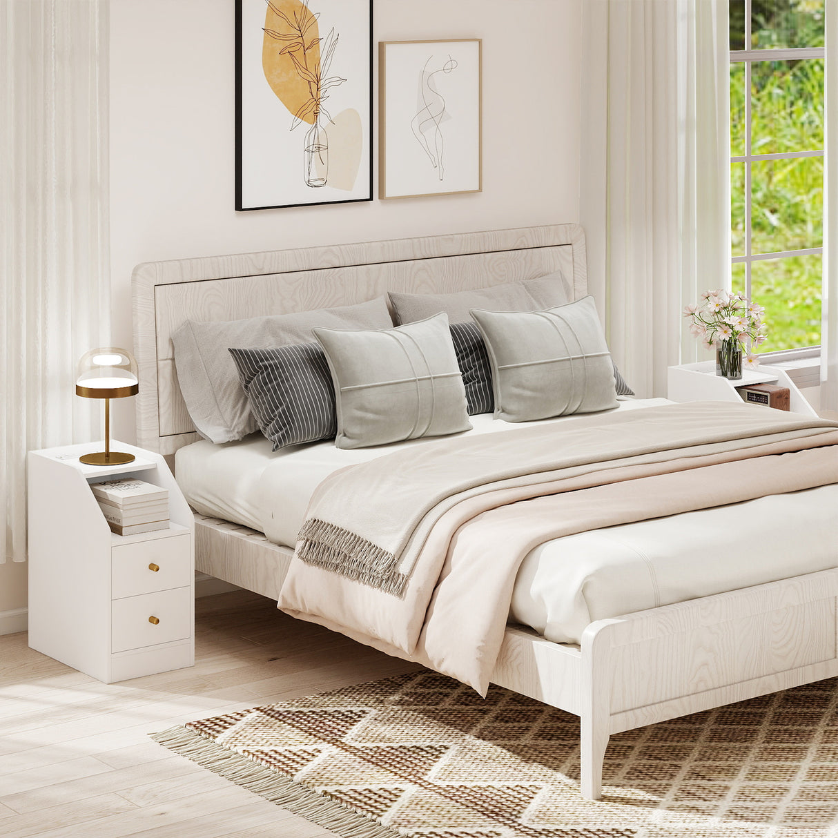 Side End Table with Charging Station Sofa Couch Table with Shelf Drawers