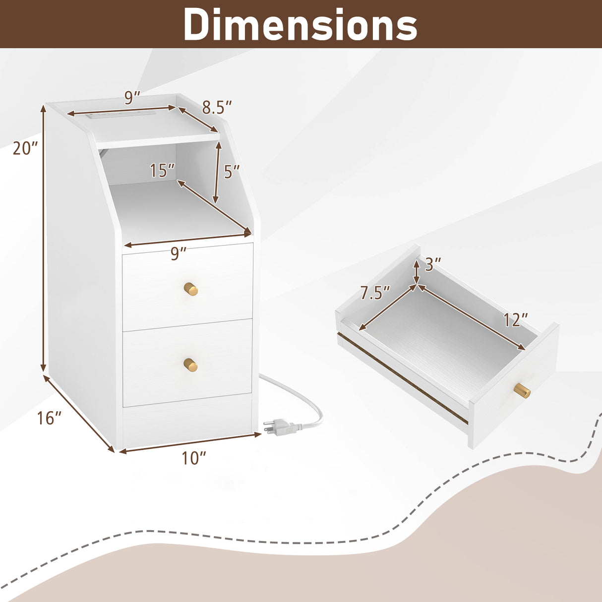 Side End Table with Charging Station Sofa Couch Table with Shelf Drawers
