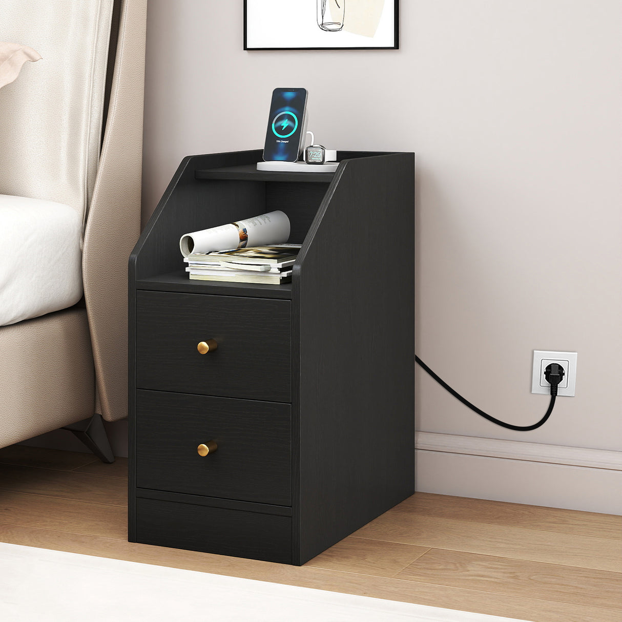 Side End Table with Charging Station Sofa Couch Table with Shelf Drawers