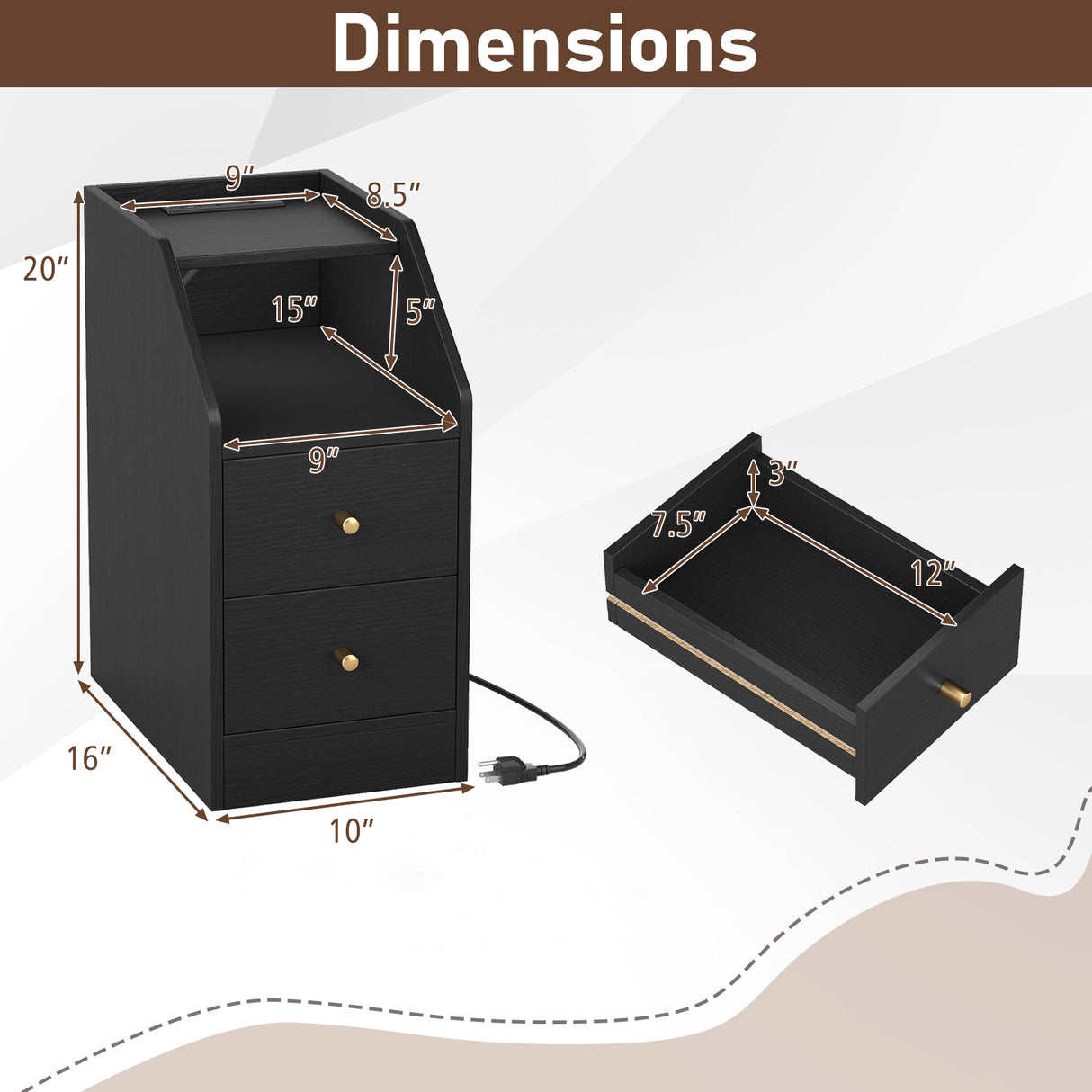 Side End Table with Charging Station Sofa Couch Table with Shelf Drawers