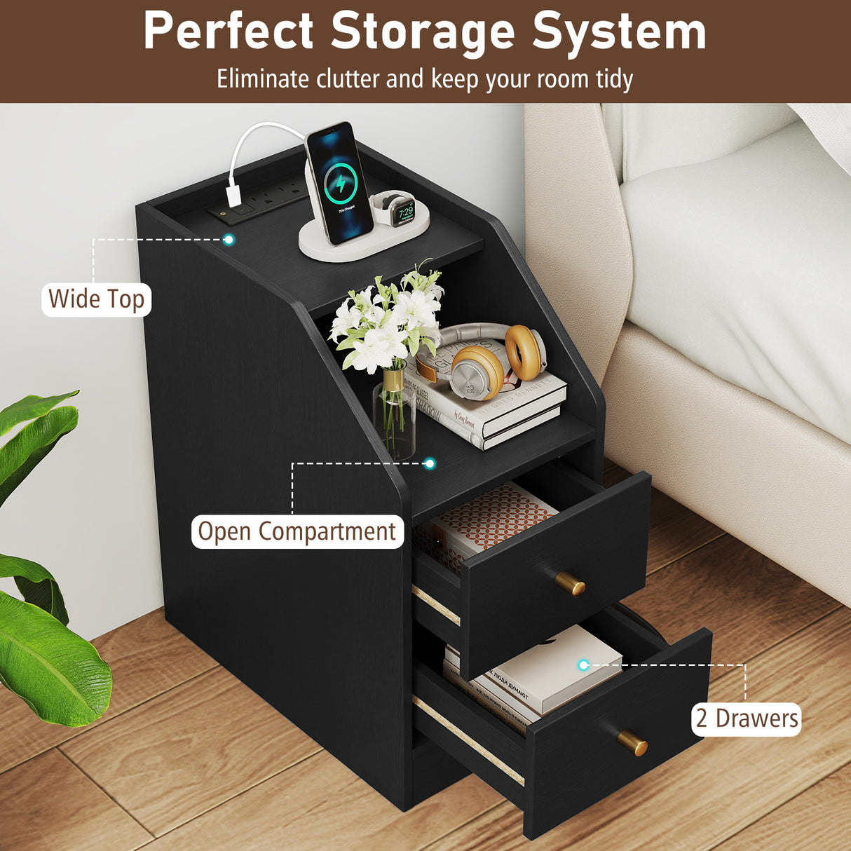 Side End Table with Charging Station Sofa Couch Table with Shelf Drawers
