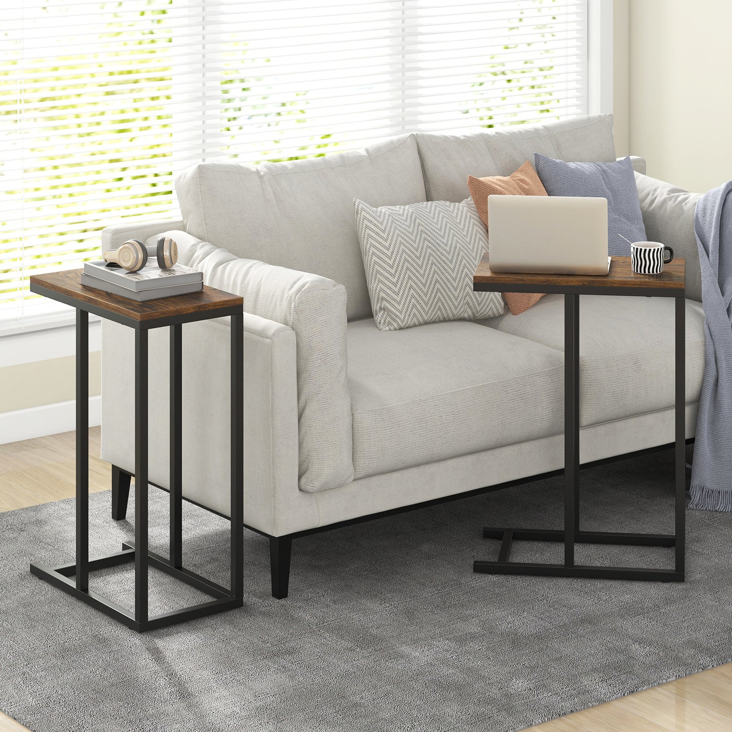 C-shaped Side Table with Heavy-duty Metal Frame