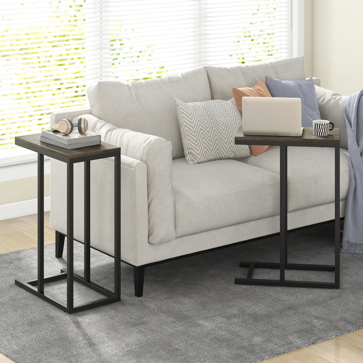 C-shaped Side Table with Heavy-duty Metal Frame