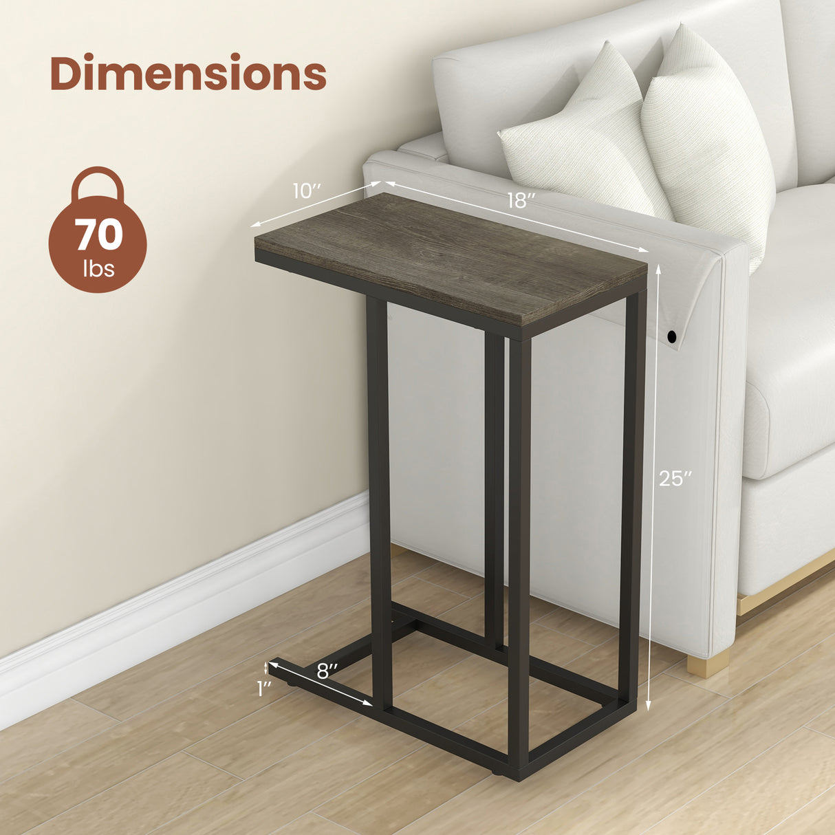 C-shaped Side Table with Heavy-duty Metal Frame