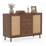 Sideboard Buffet Cabinet Rustic Farmhouse Coffee Bar Table with 2 Rattan Doors and 3 Drawers