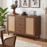 Sideboard Buffet Cabinet Rustic Farmhouse Coffee Bar Table with 2 Rattan Doors and 3 Drawers